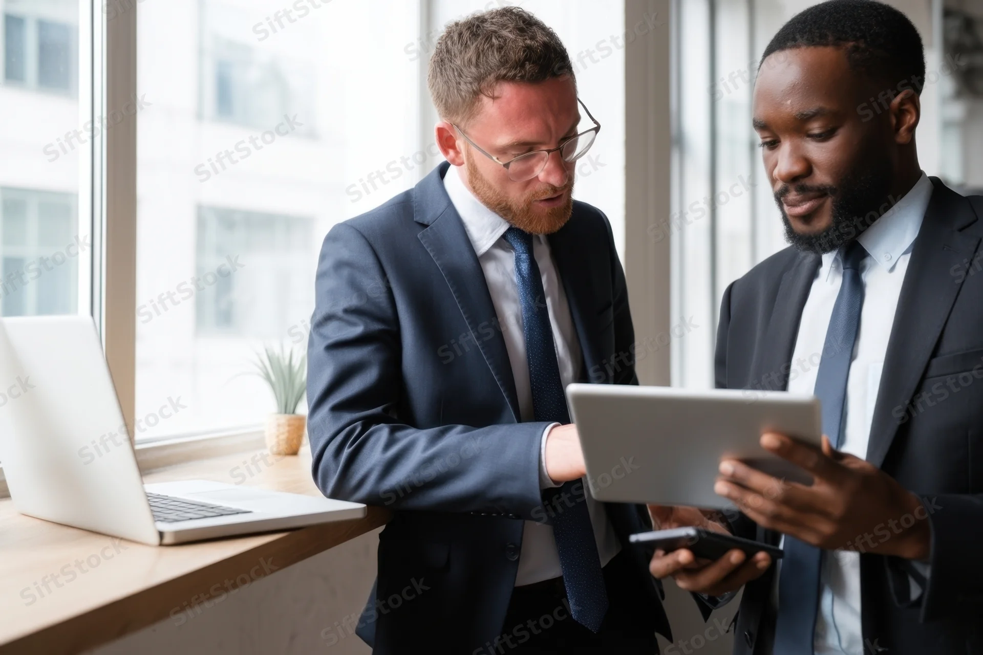 Two men in suits discussing a tablet in a modern office near a window with a laptop on the desk