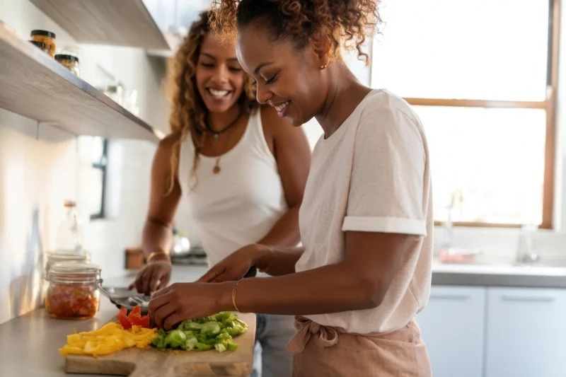 Woman chopping vegetables on a cutting board in a bright modern kitchen with another woman smiling beside her