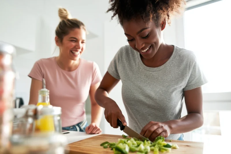 Woman chopping vegetables on a cutting board in a bright modern kitchen with a friend smiling beside her
