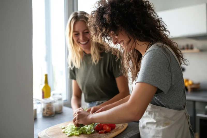 Two women chopping vegetables on a wooden cutting board in a bright modern kitchen