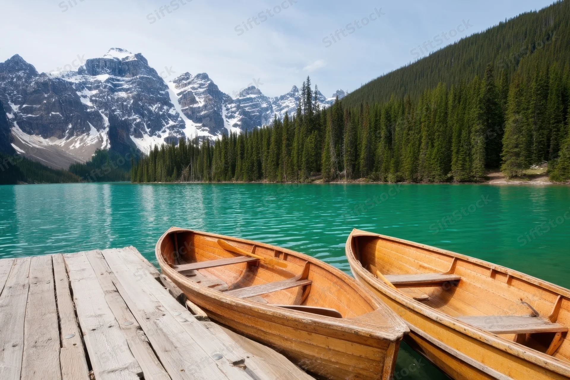 Two wooden canoes resting on a weathered dock beside a turquoise lake with snow-capped mountains and pine forest in the background