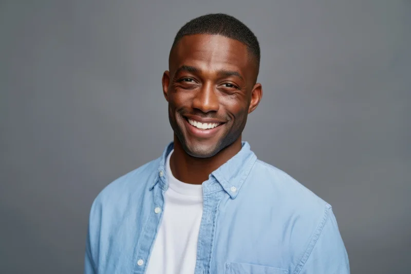 Smiling man in light blue denim shirt over white t-shirt against gray background
