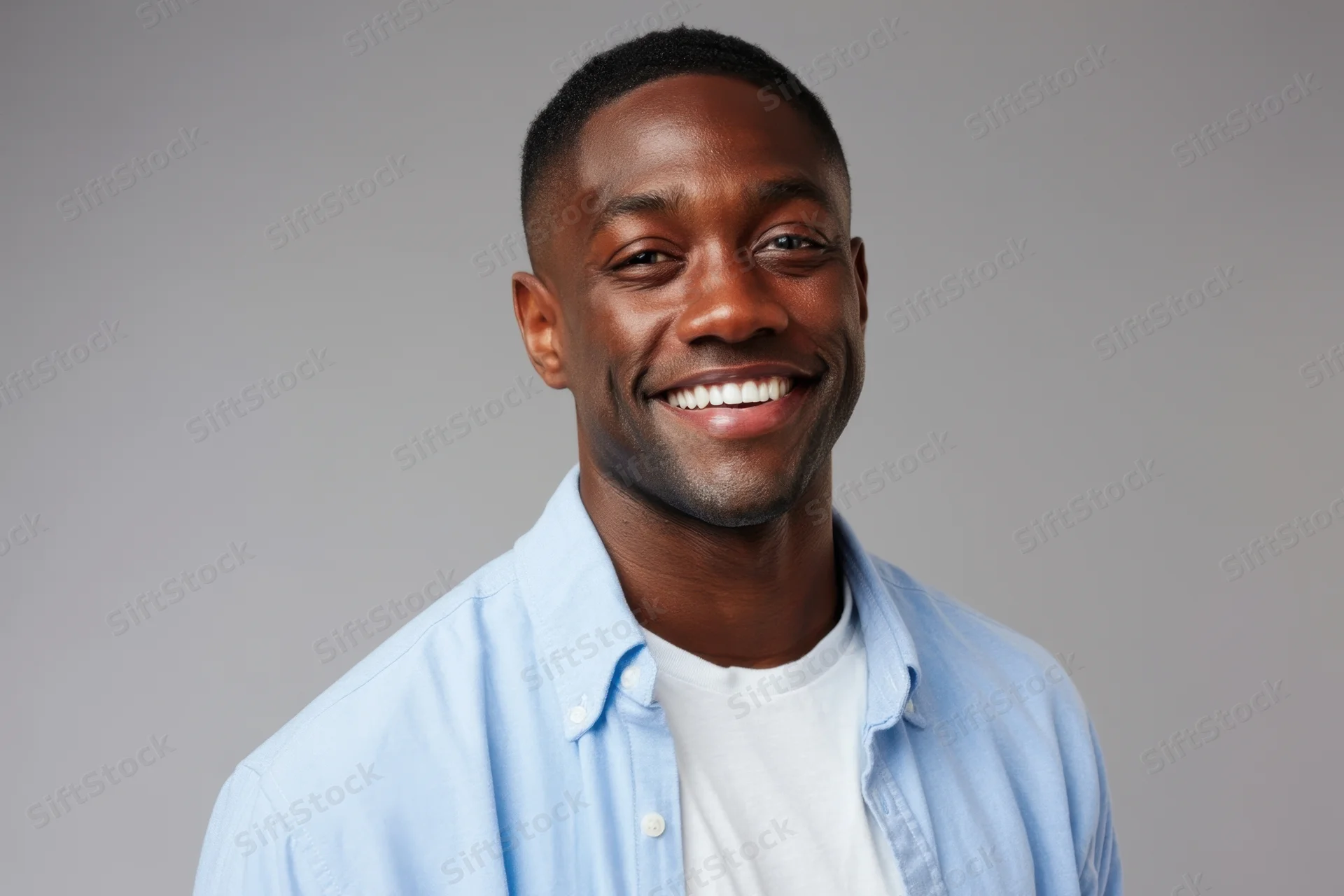 Smiling man in light blue shirt over white tshirt against neutral background