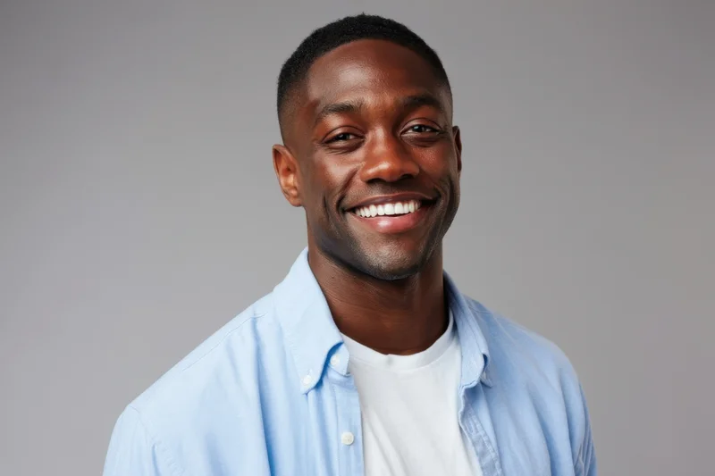 Smiling man in light blue shirt over white tshirt against neutral background