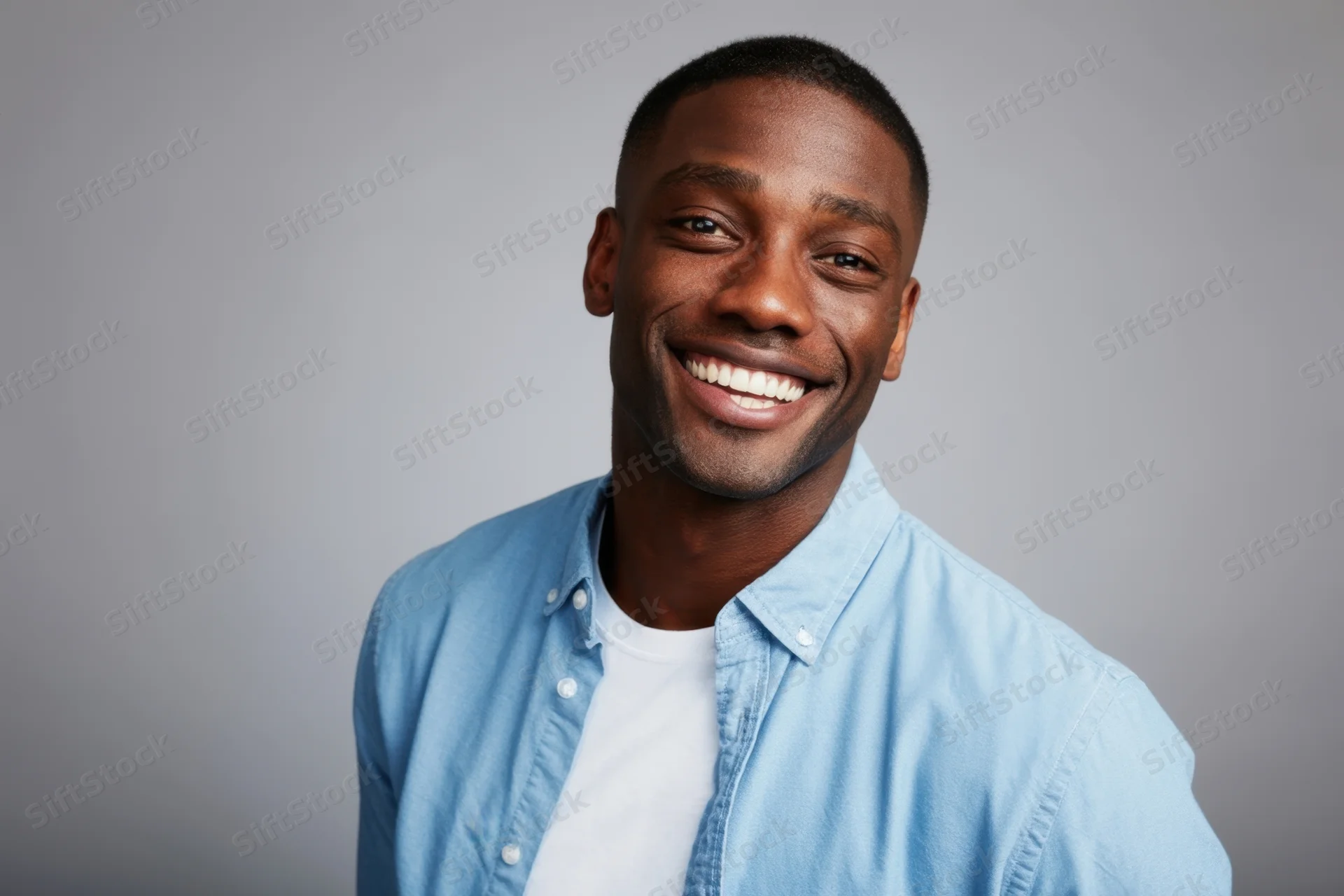 Smiling young africanamerican man in light blue denim shirt over white tshirt against gray studio background