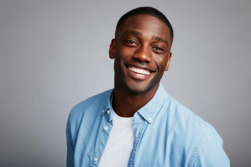 Smiling young africanamerican man in light blue denim shirt over white tshirt against gray studio background