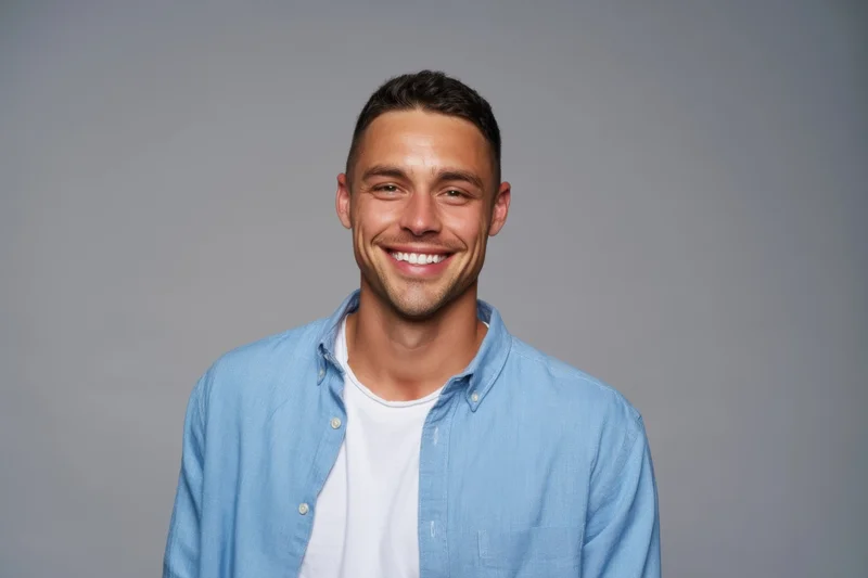 Smiling man in light blue shirt over white tshirt against gray background