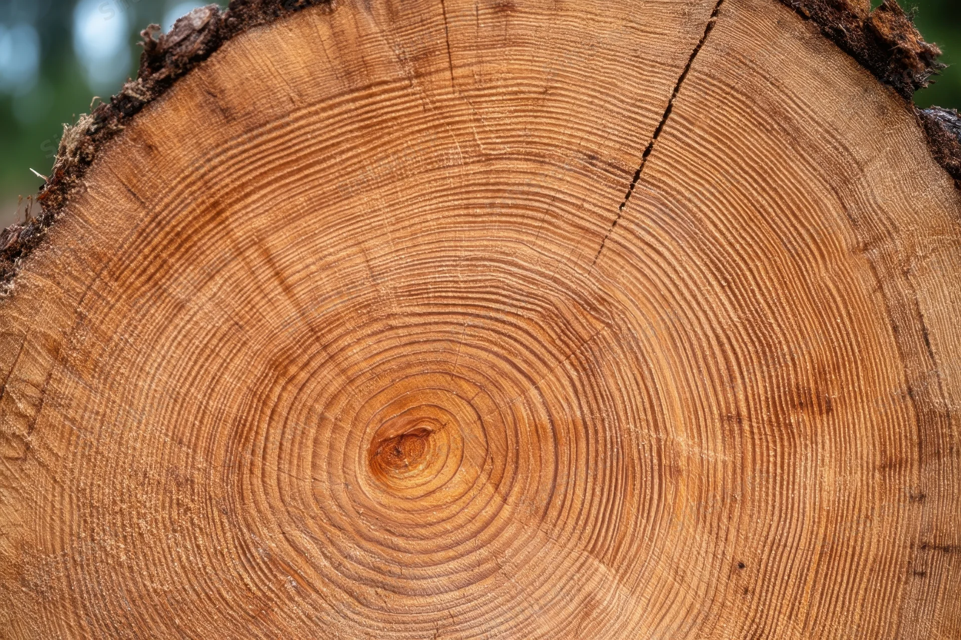 Close-up of a tree trunk cross-section showing growth rings and natural wood texture