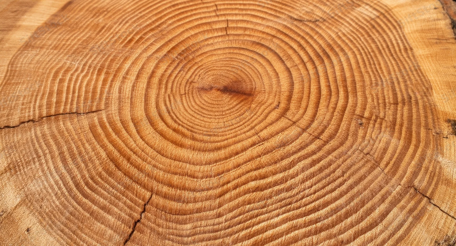 Close-up of a tree trunk cross-section showing concentric growth rings and wood grain texture