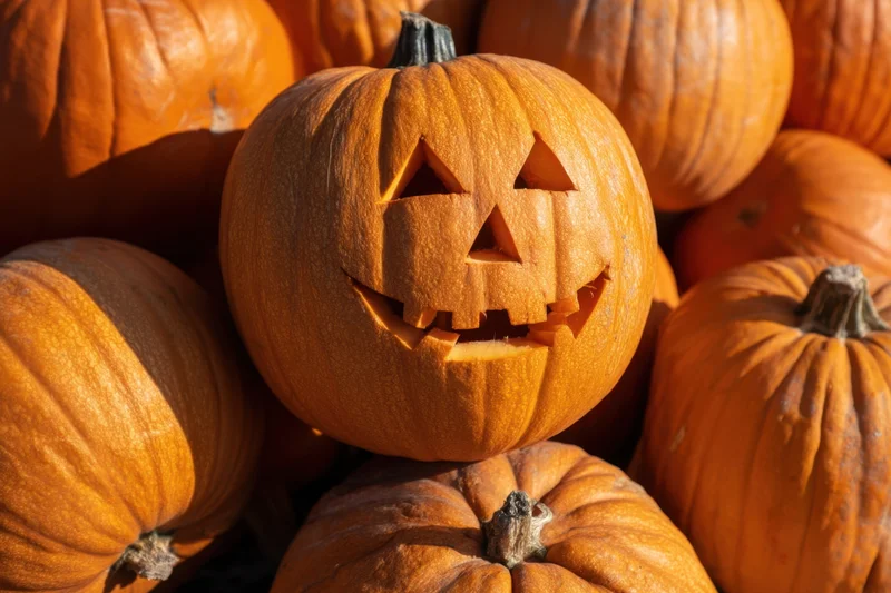 Carved pumpkin with triangular eyes and toothy grin among a pile of pumpkins outdoors