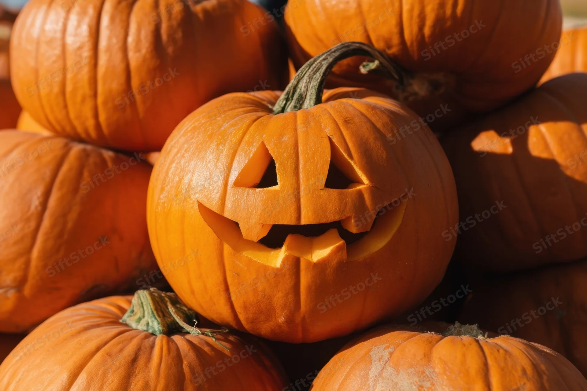 Carved pumpkin with triangular eyes and toothy grin among stacked pumpkins in sunlight