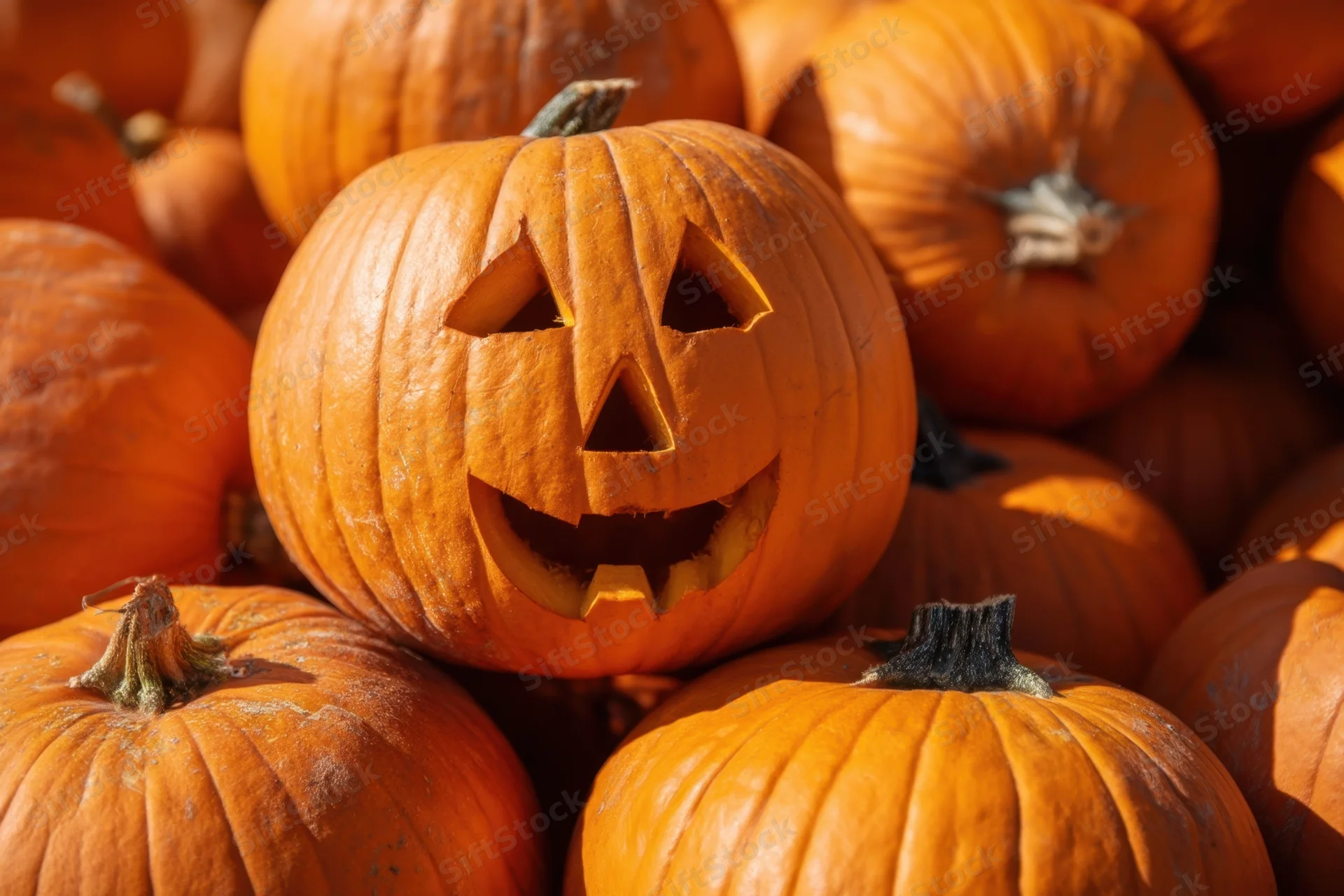 Carved pumpkin with triangular eyes and toothy grin among a pile of pumpkins outdoors