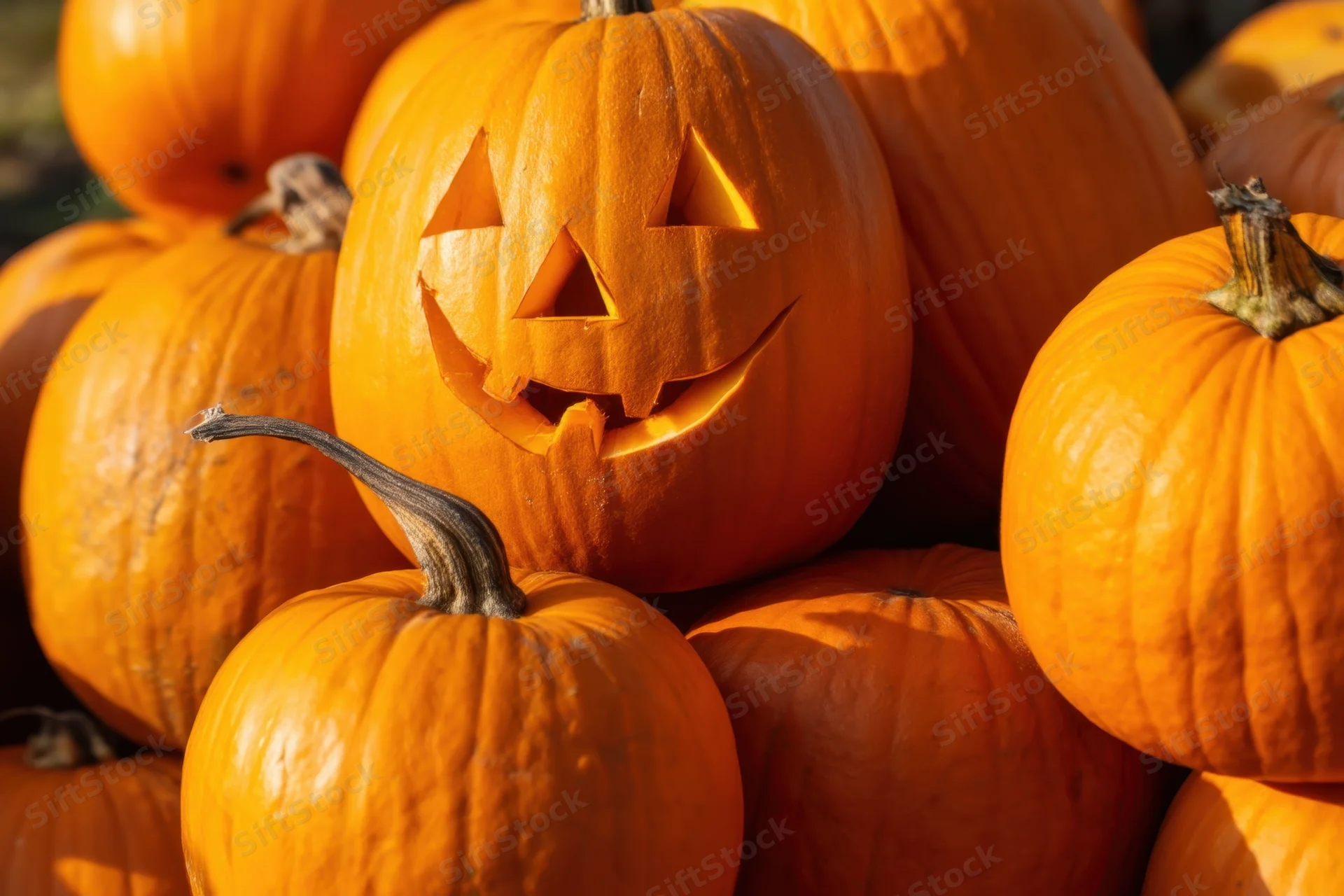 Carved pumpkin with triangular eyes and grin among a pile of orange pumpkins outdoors