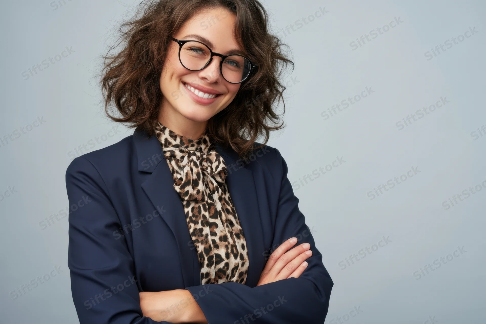 Confident woman in navy blazer and leopard scarf smiling with arms crossed in studio portrait