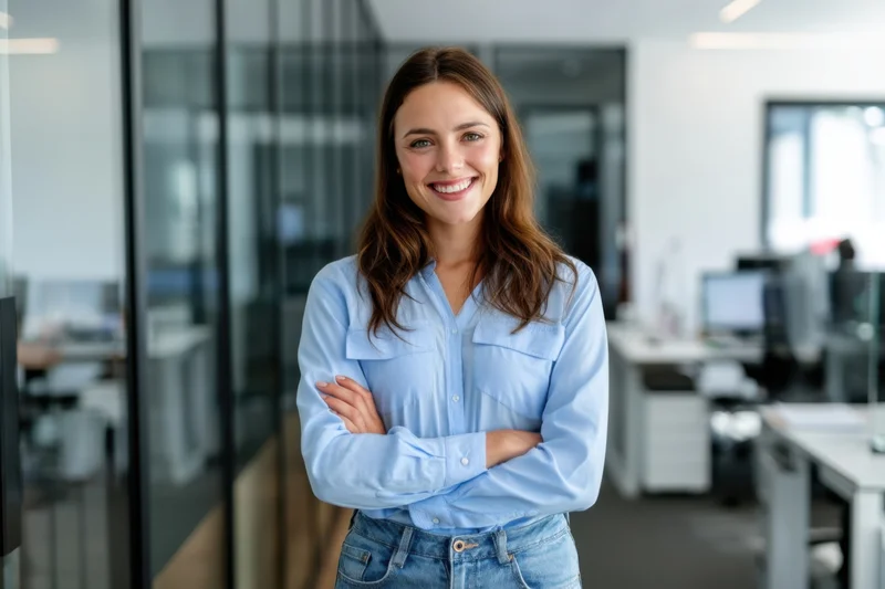 Confident young woman with arms crossed smiling in modern office interior