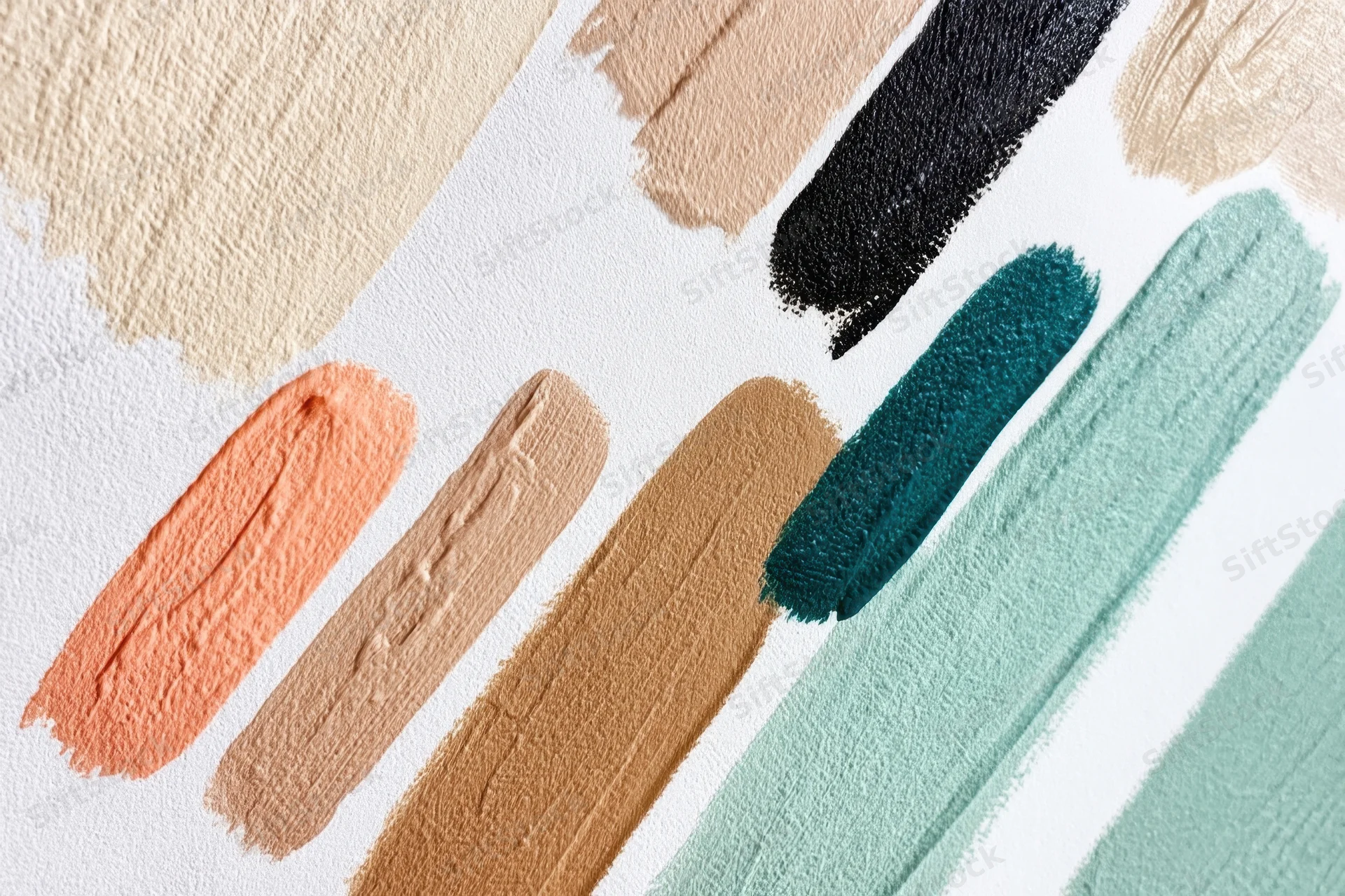 Diagonal array of textured paint brush strokes on white canvas