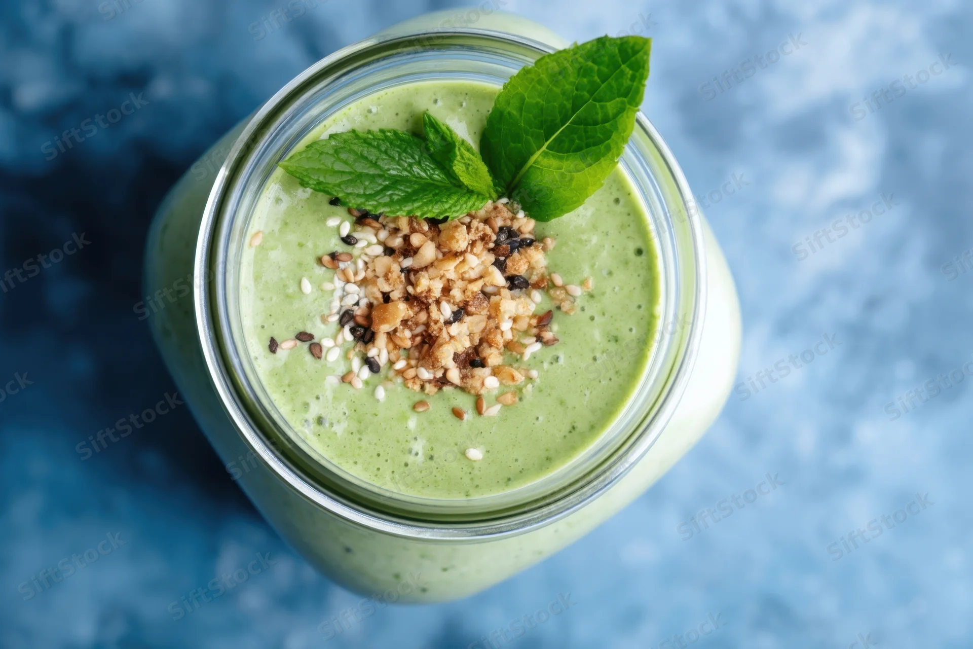 Green smoothie in a glass mason jar topped with mint leaves and granola, viewed from above on a blue textured surface