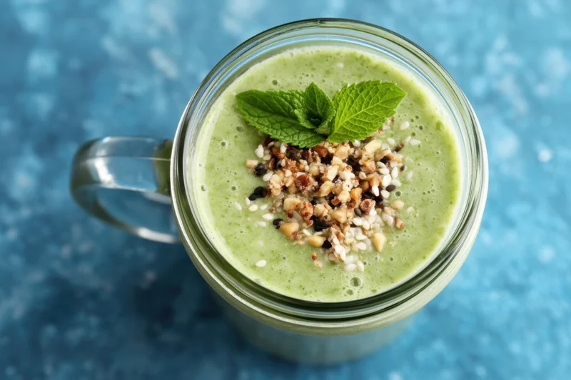 Green smoothie in a glass mason jar topped with mint and seeds on a blue surface