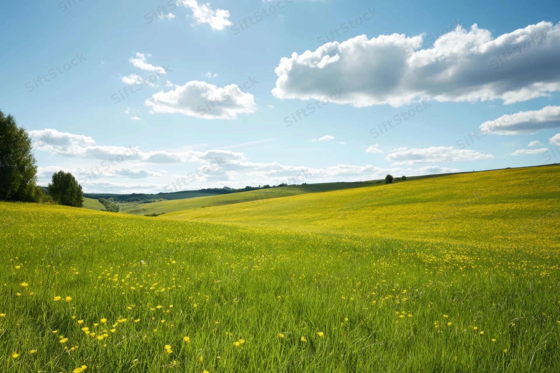 Rolling green meadow with yellow wildflowers under a blue sky with scattered clouds
