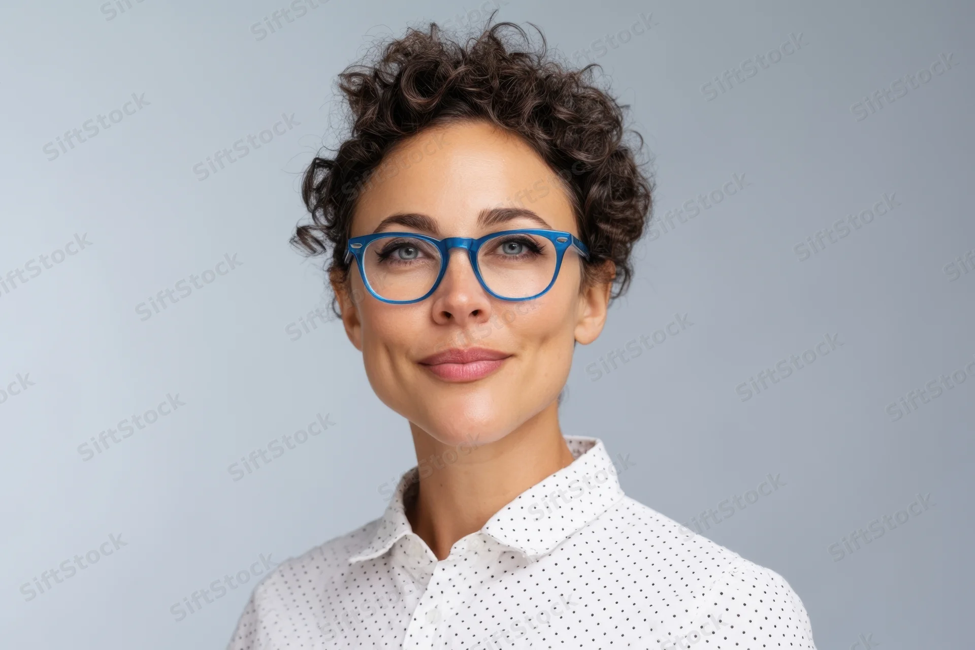 Woman with short curly hair and blue-framed glasses wearing a white polka-dot shirt in a studio portrait