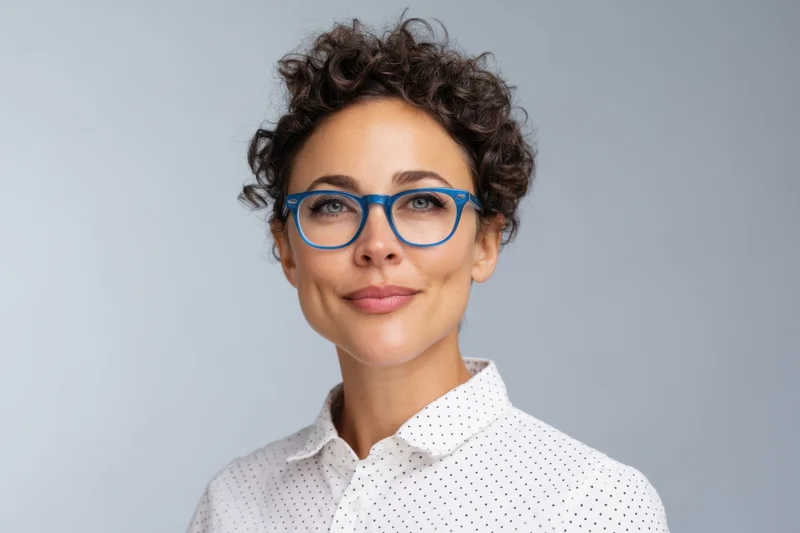 Woman with short curly hair and blue-framed glasses wearing a white polka-dot shirt in a studio portrait