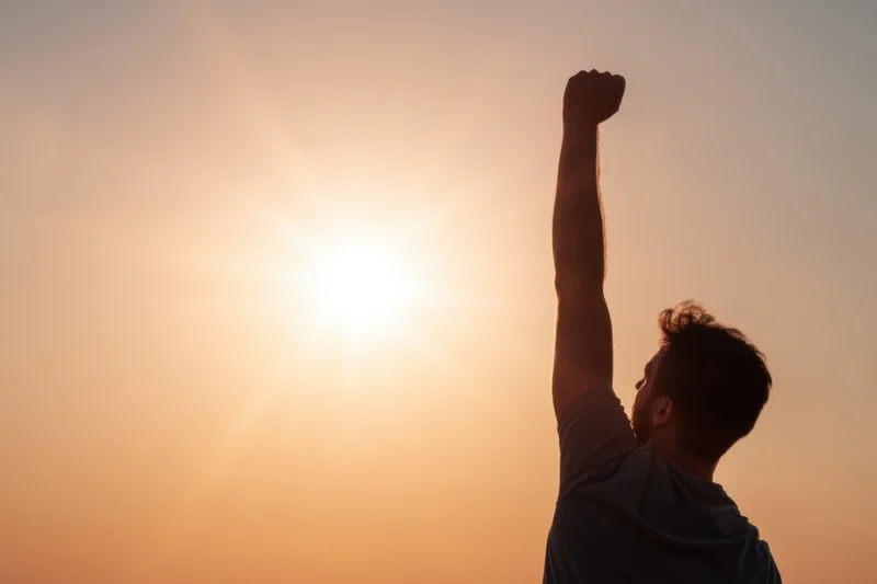 Man raising fist in silhouette against sunset sky