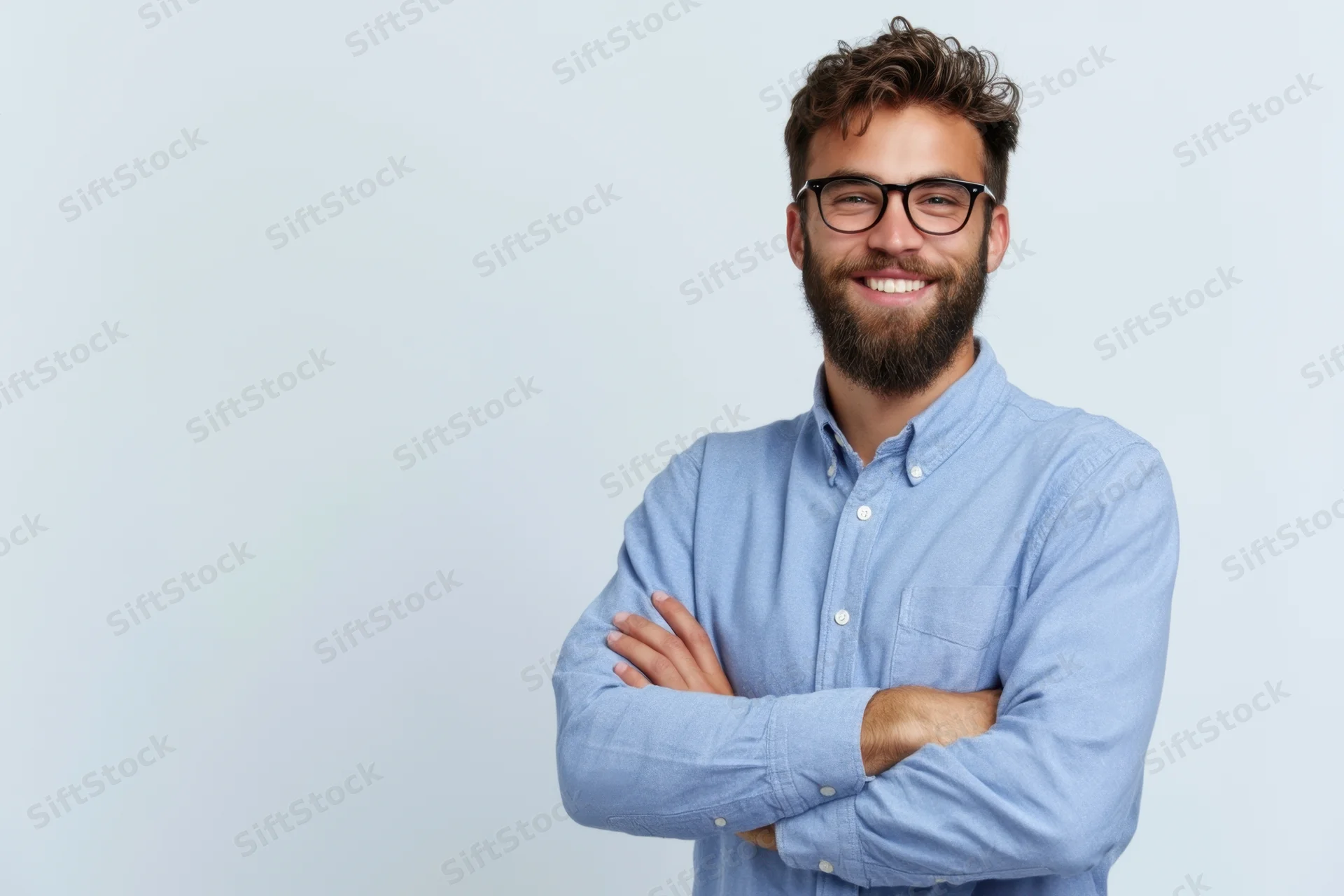 Smiling man with beard and glasses, arms crossed, wearing blue shirt against white background