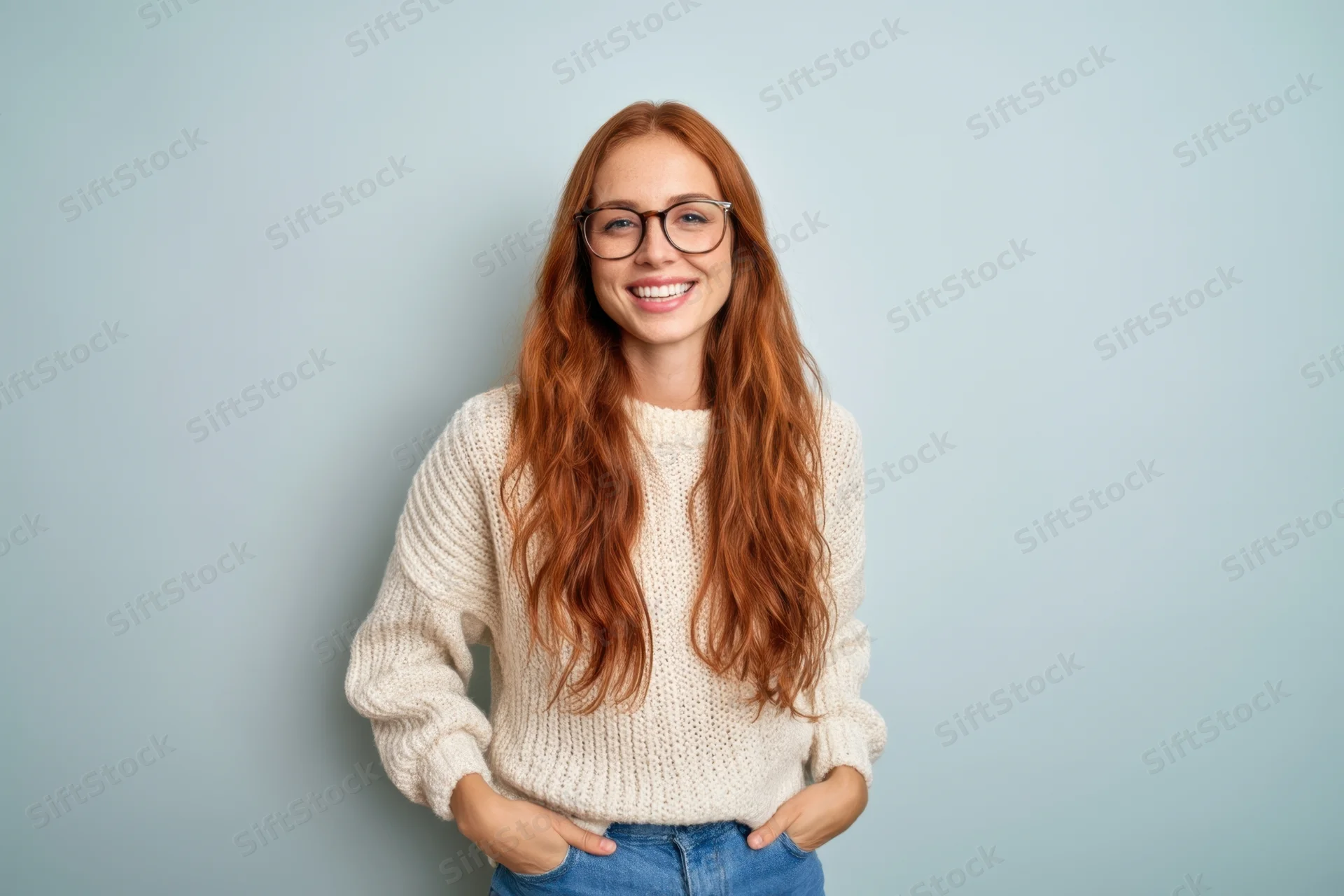 Smiling woman with long red hair and glasses wearing a white knit sweater and jeans, hands in pockets, against light blue background