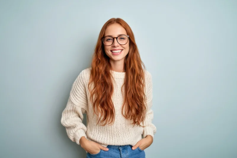 Smiling woman with long red hair and glasses wearing a white knit sweater and jeans, hands in pockets, against light blue background