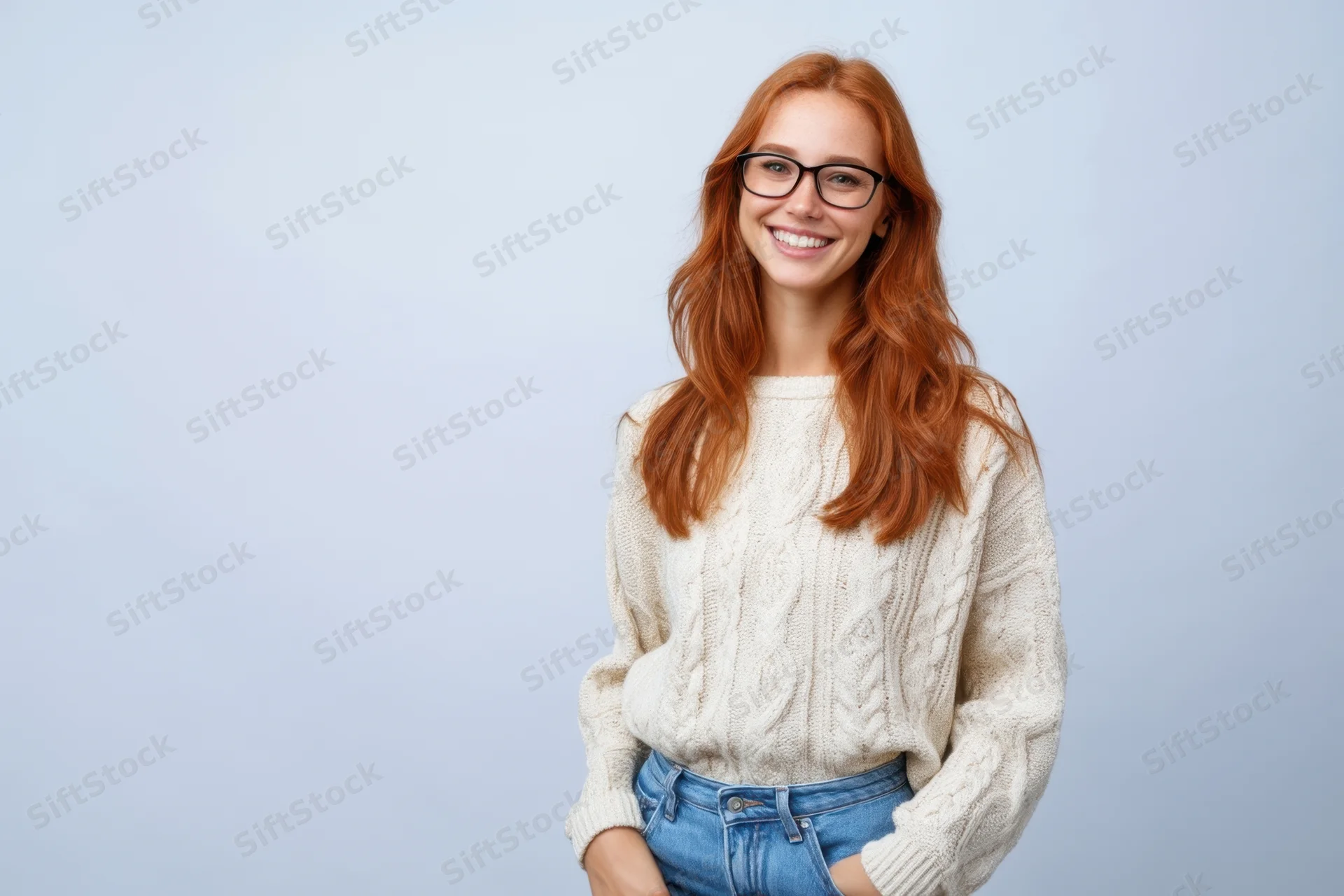 Smiling woman with long red hair and glasses wearing a cream cable-knit sweater and jeans in a studio setting
