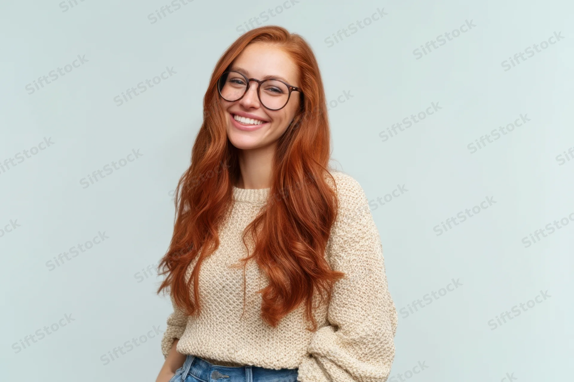 Smiling woman with long red hair and glasses wearing a beige sweater and jeans in a studio setting