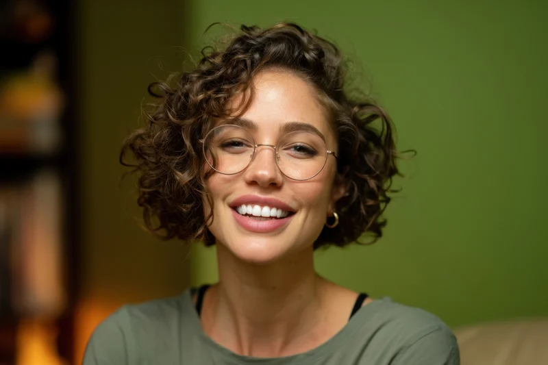 Smiling woman with short curly hair and round glasses indoors against green background