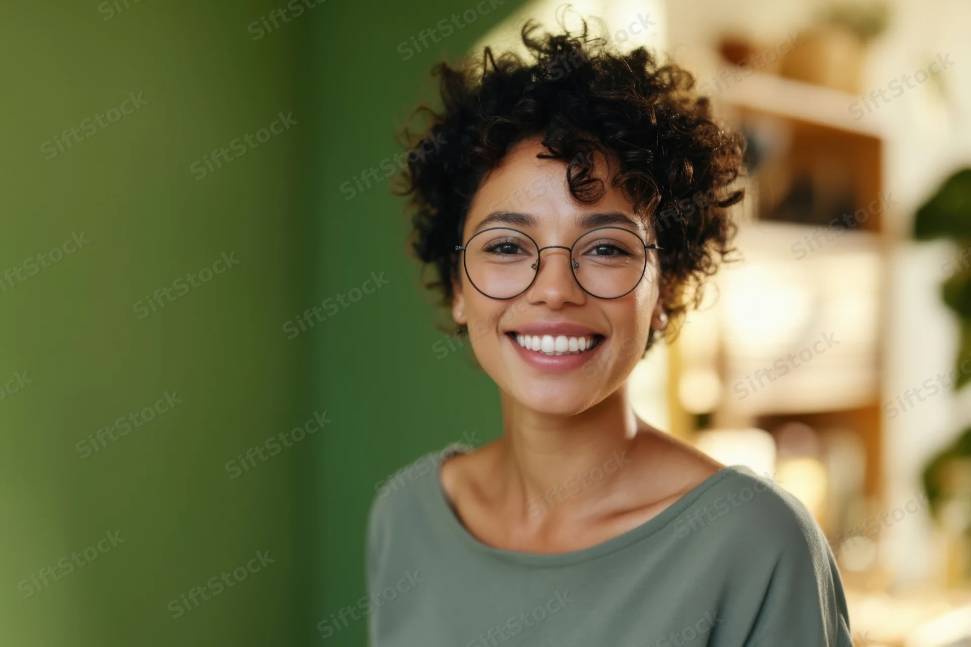 Smiling woman with short curly hair and round glasses in a green indoor setting