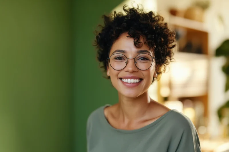 Smiling woman with short curly hair and round glasses in a green indoor setting