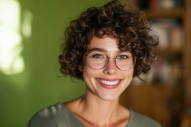 Smiling woman with short curly hair and round glasses in front of green wall and bookshelf