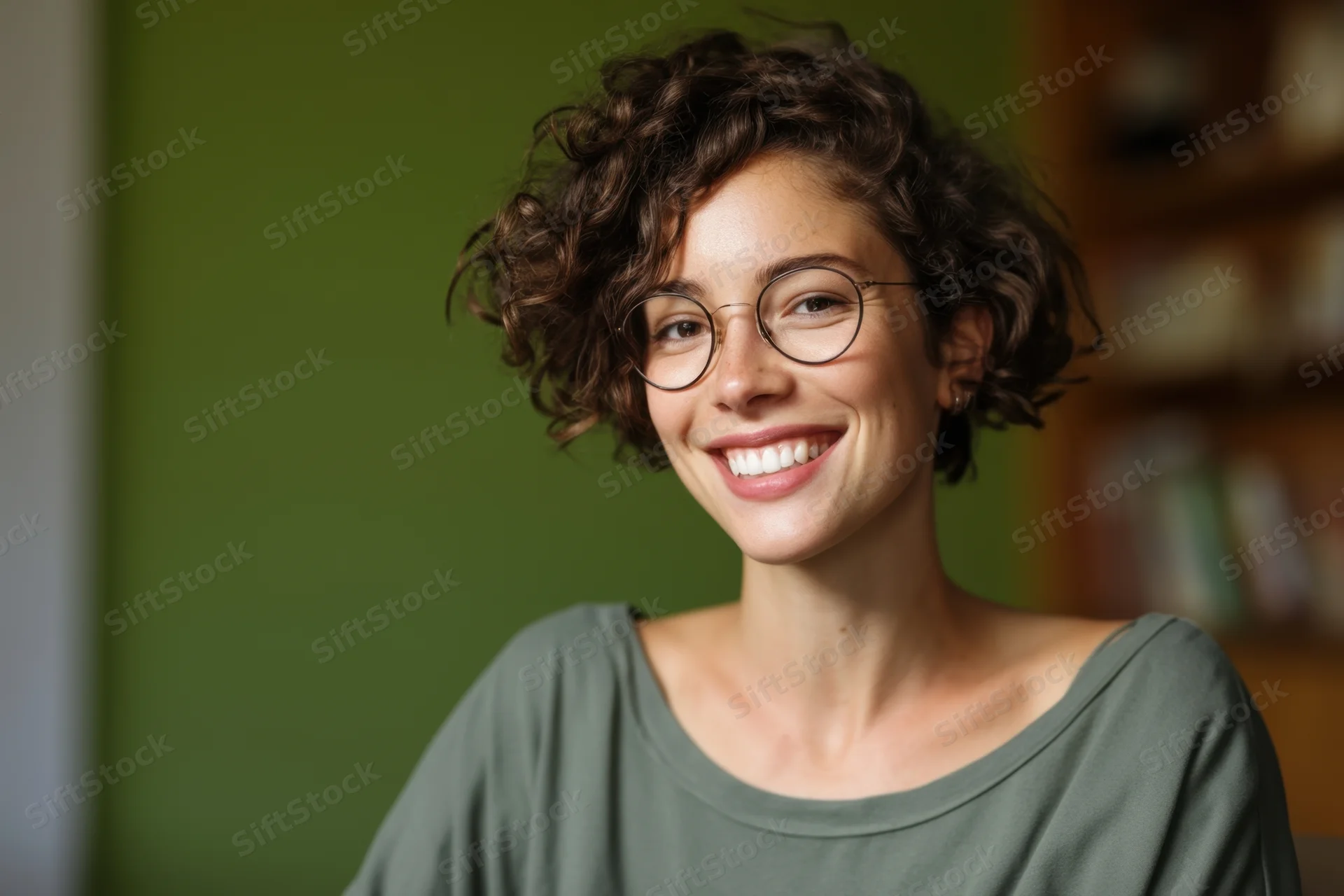 Smiling woman with short curly hair and round glasses in a green room with a bookshelf in the background