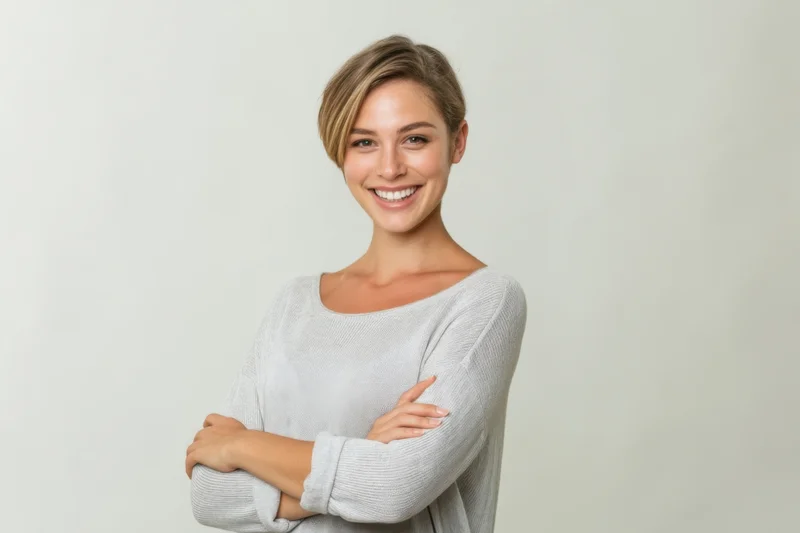 Smiling woman with short light brown hair wearing a light gray sweater, arms crossed, standing against white background