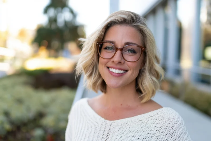 Smiling woman with shoulder-length blonde hair and brown glasses wearing white knit sweater outdoors