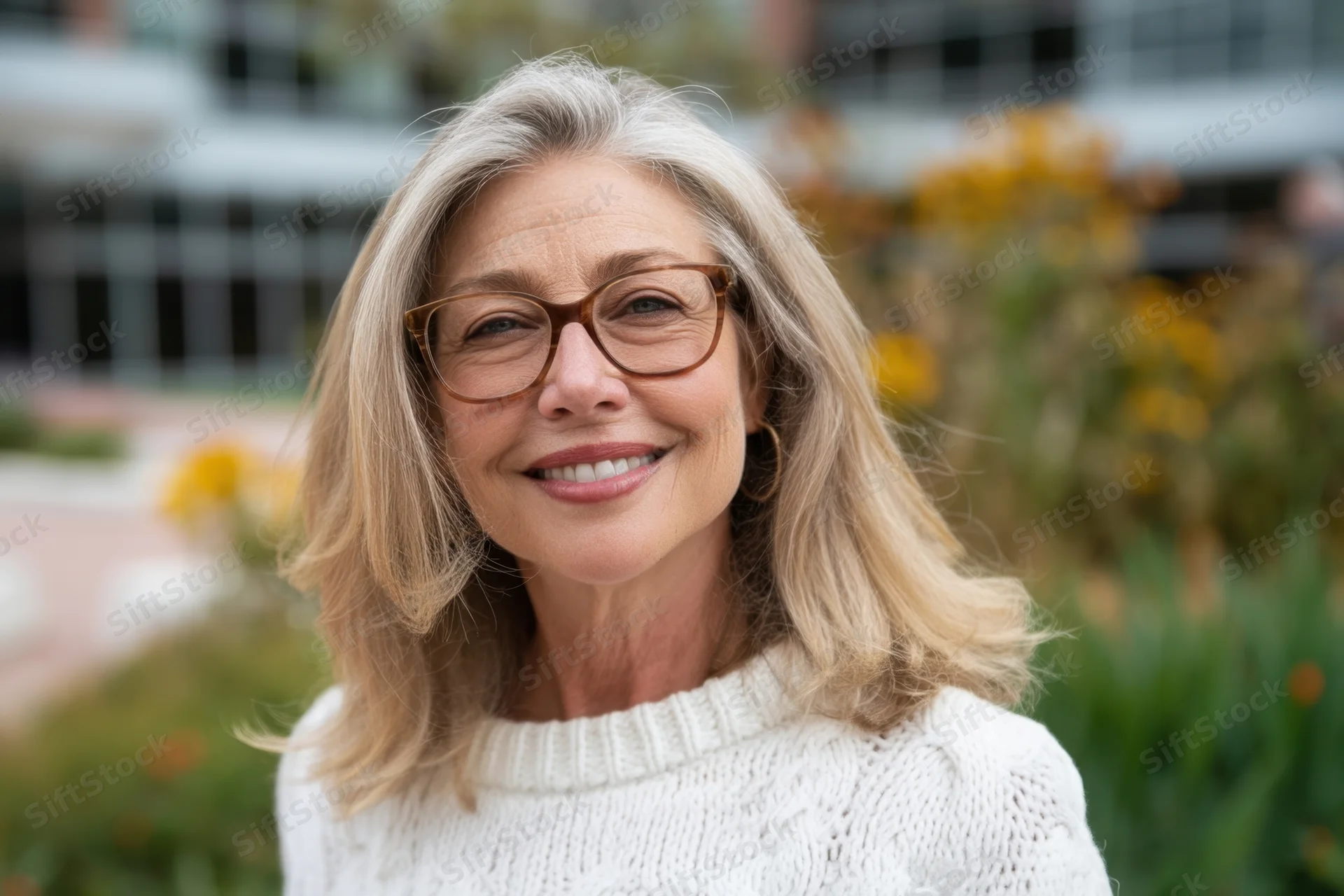 Smiling senior woman with blonde hair and brown glasses wearing white knit sweater outdoors in garden