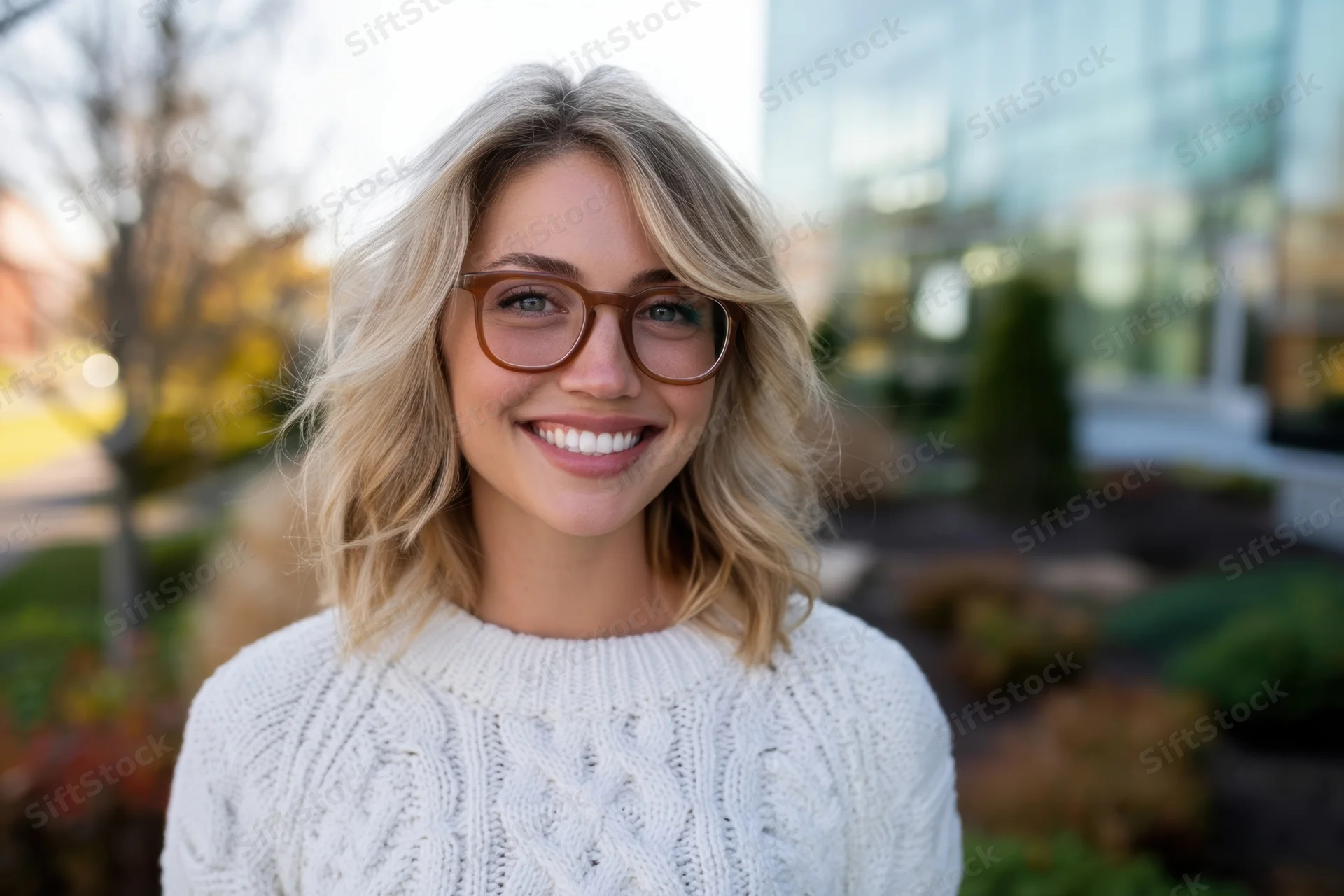 Smiling woman with shoulder-length blonde hair and brown glasses wearing a white knit sweater outdoors in a garden near a modern glass building