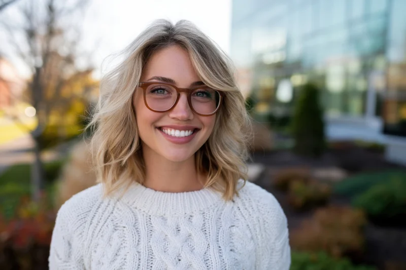 Smiling woman with shoulder-length blonde hair and brown glasses wearing a white knit sweater outdoors in a garden near a modern glass building