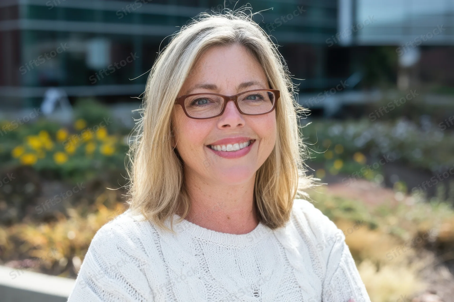 Smiling woman with shoulder-length blonde hair and brown glasses wearing a white knit sweater outdoors in a garden with yellow flowers and a modern building in the background