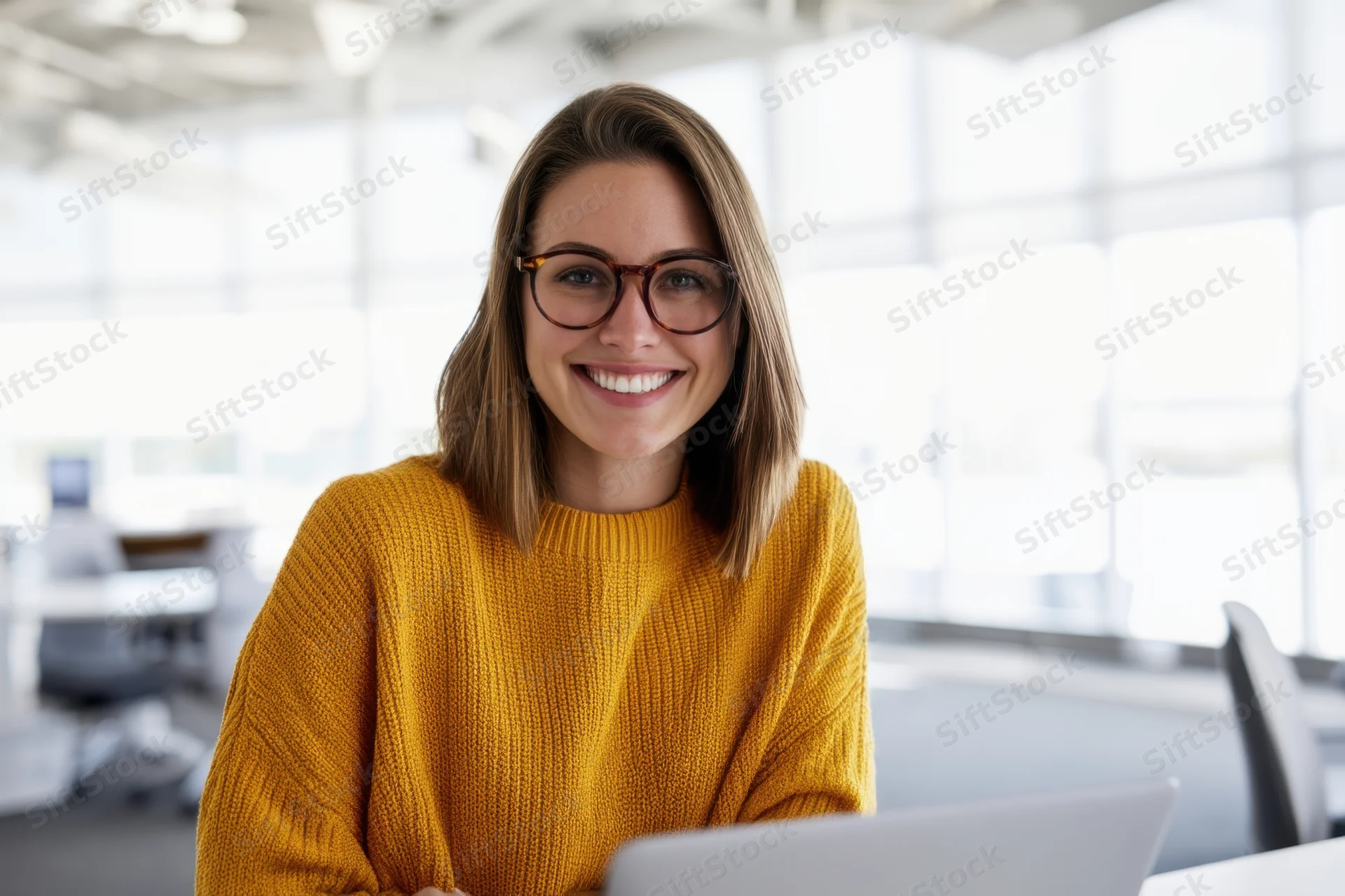 Smiling woman in yellow sweater with glasses sitting at desk in modern office with laptop