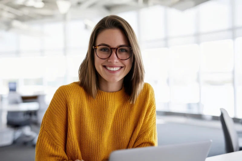 Smiling woman in yellow sweater with glasses sitting at desk in modern office with laptop