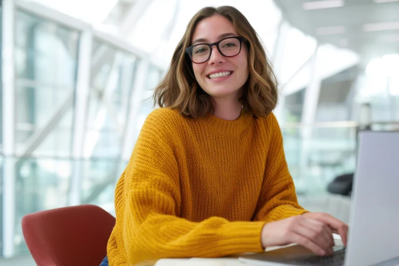 Smiling woman with glasses using laptop at office desk