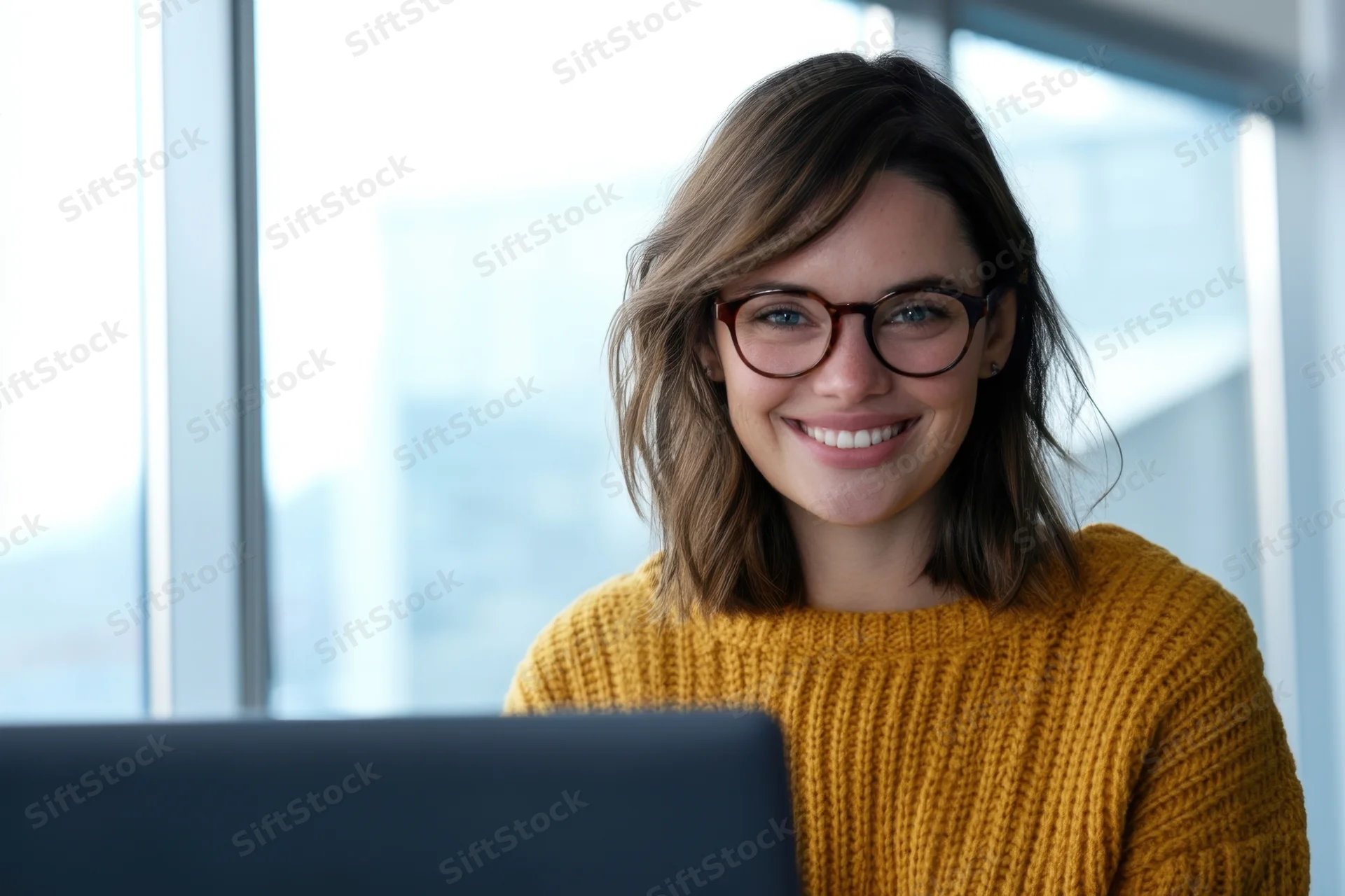 Smiling woman in yellow knit sweater working at laptop in modern office with city view through window