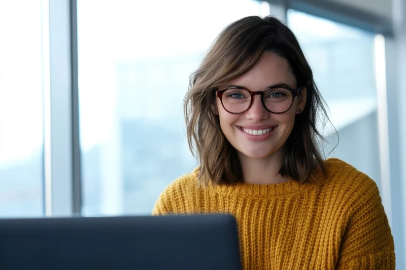 Smiling woman in yellow knit sweater working at laptop in modern office with city view through window