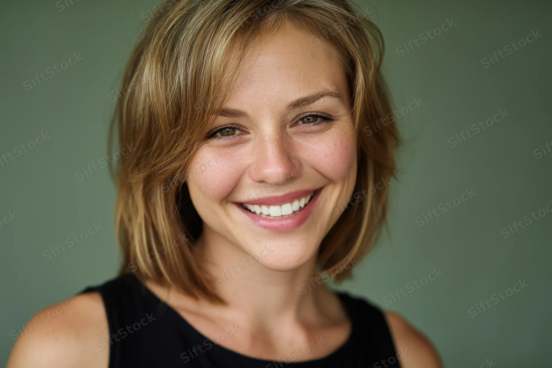 Smiling woman with shoulder-length light brown hair in a black sleeveless top against a neutral green background