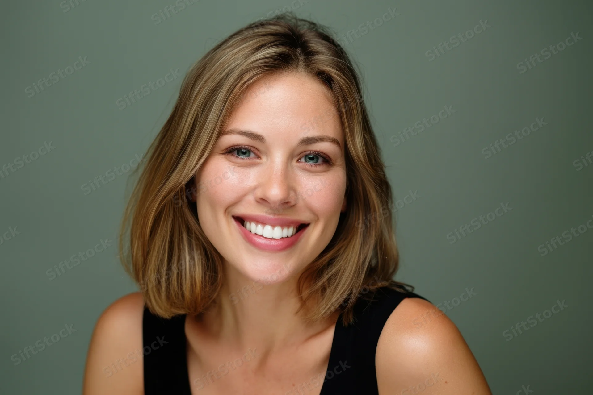 Smiling woman with shoulder-length light brown hair in a studio portrait wearing a black sleeveless top