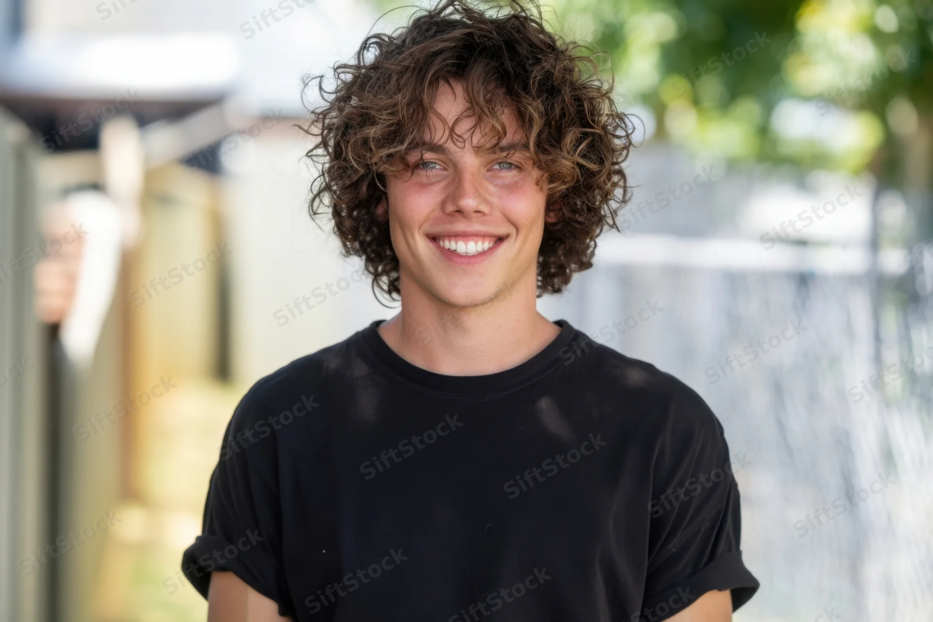 Young man with curly brown hair smiling in a black t-shirt outdoors
